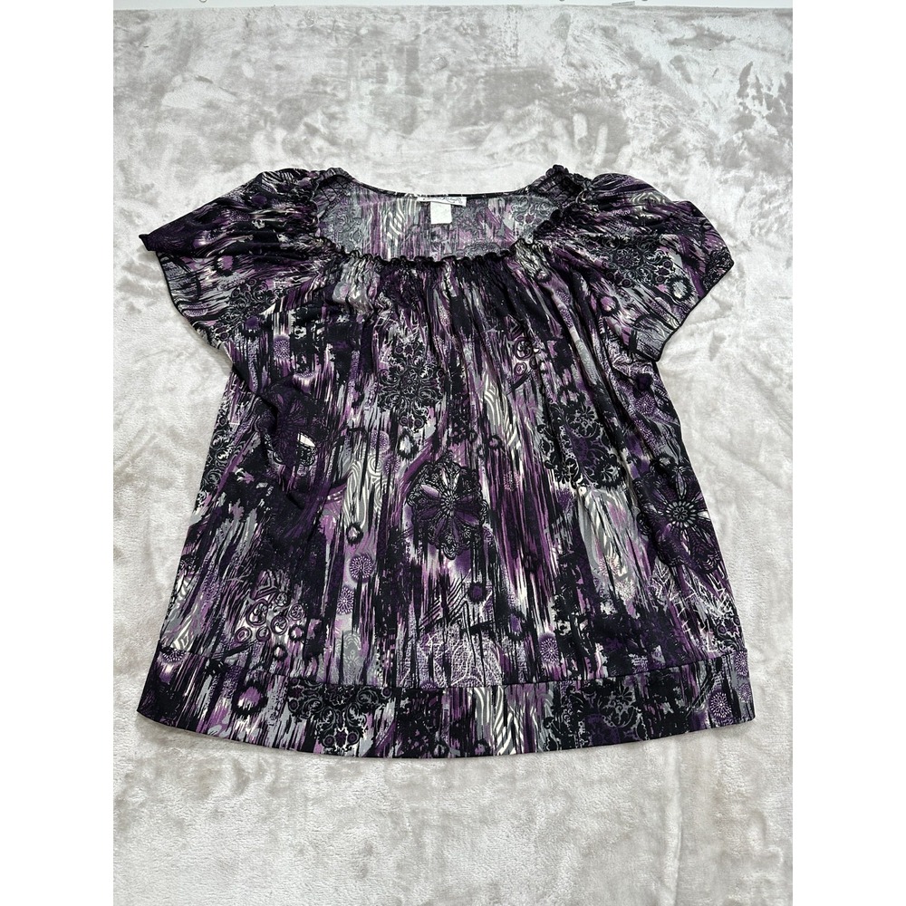 Claudia Richard Blouse Womens Size XL Purple Black Short Sleeve‎ Stretch EUC